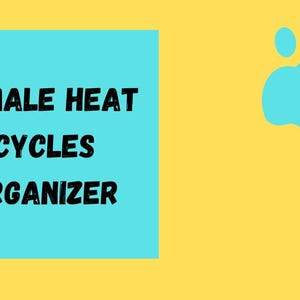 Könnte beinhalten: Gelber Hintergrund mit einem hellblauen Pfotenabdruck oben rechts. Ein hellblaues Quadrat auf der linken Seite enthält den Text "FEMALE HEAT CYCLES ORGANIZER" in schwarzer, fetter Schrift.