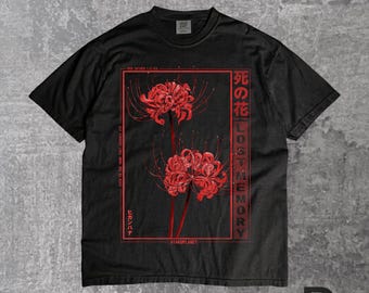 Camiseta japonesa de lírio-aranha com estilo soft grunge, estampa floral, camiseta vermelha com estampa botânica escura, estilo gótico anime.