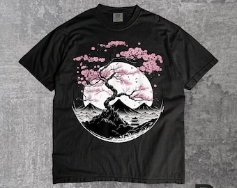 Japanse Sakura Garden Geisha Mount Fuji, T-shirt kersenbloesem, T-shirt Geisha Art, T-shirt Japan Esthetisch, Grafisch T-shirt bloemenlandschap