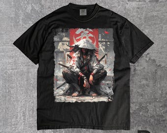 Camiseta Y2K Samurai Katana Ninja Japão | Camiseta com estampa de mangá/anime streetwear, presente cultural japonês
