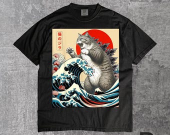 Camiseta Catzilla com estampa de gato gigante em estilo japonês | Camiseta divertida com estampa de gato monstro, presente para crianças que amam gatos