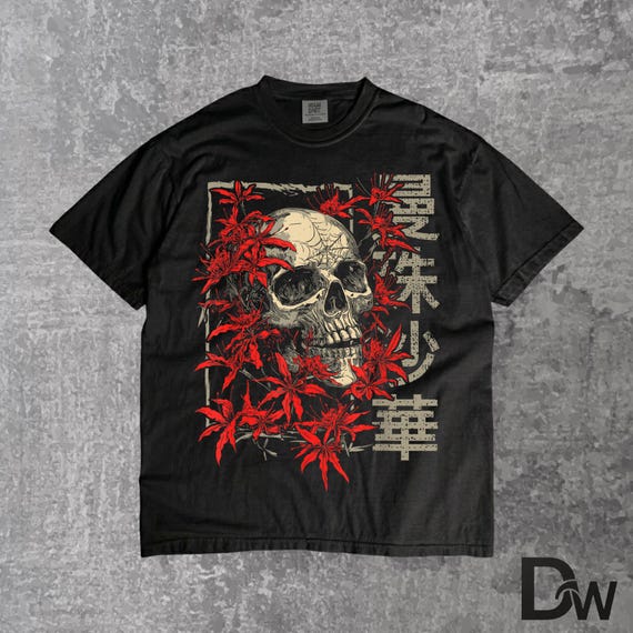 Red Spider Lily Flower Skull Skeleton, Japanese Anime T Shirt, Gothic Floral Skull Tee, Otaku Aesthetic Shirt, Dark Anime Graphic Tee