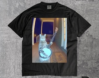 Camiseta engraçada com gato músico | Camiseta com estampa de gato fofo tocando música, presente para amantes de gatos, homens, mulheres e crianças.