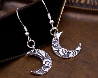 Crescent Moon Earrings, Celestial Dangle Earrings, Oxidized Fine Silver Floral Witchy Jewelry