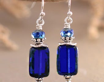 Cobalt Blue Earrings, Czech Glass Earrings, Leverback or French Hooks