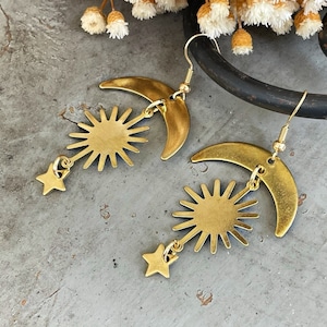 Celestial Sun Moon Star Earrings, Astrology Dangle Earrings Gold