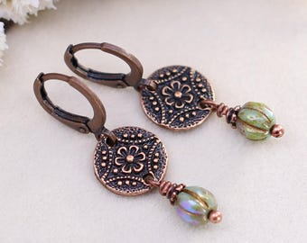 Sage Green Copper Earrings, Small Flower Earrings, Rustic Leverback Dangle Drops