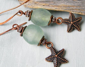Starfish Earrings, Sea Glass Beaded Earrings, Copper Dangle Earrings