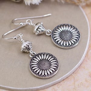 Silver Sunflower Earrings, Bohemian Dangle Earrings, Handmade Sunflower Gift for Her