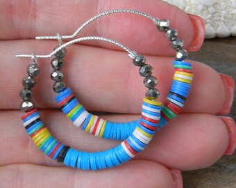 Beaded Hoop Earrings, Sterling Silver Hoops in Nautical Blue, Colorful African Vinyl Earrings