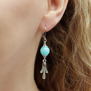 Art Deco Drop Earrings, Silver and Sky Blue Agate Dangle Earrings, Handmade Vintage Inspired Jewelry Gift