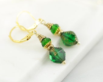 Art Deco Crystal Earrings, Emerald Green Dangle Earrings, Christmas Earrings
