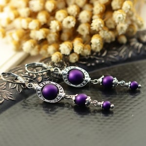 Goth Earrings, Purple Pearl Dangle Earrings, Halloween Earrings, Gothic Halloween Jewelry