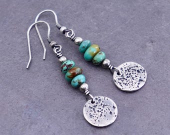 Pendientes colgantes de turquesa, joyería occidental de plata de ley oxidada, estilo rústico bohemio.