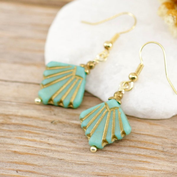 Turquoise Art Deco Earrings, Fan Dangle Earrings