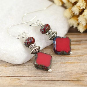 Dark Red Dangle Earrings, Rustic Boho Quatrefoil Earrings