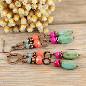 Boho Copper Earrings, Dangle Earrings, Colorful Bohemian Jewelry
