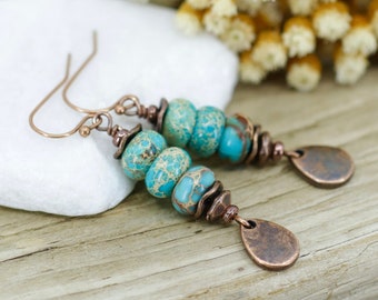 Boho Copper Earrings, Turquoise Blue Stone Dangle Earrings