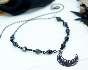 Gothic Black Crescent Moon Necklace, Witchy Goth Necklace, Goth Jewelry