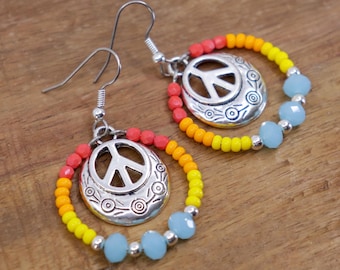 Peace Sign Earrings: Rainbow Beaded Boho Hoop Earrings