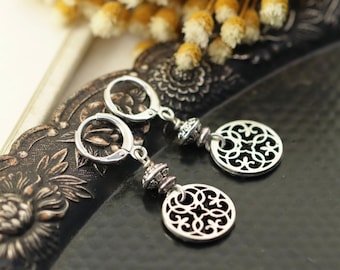Silver Minimalist Earrings, Dainty Leverback Earrings, Small Filigree Dangle Earrings
