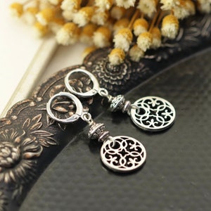Silver Minimalist Earrings, Dainty Leverback Earrings, Small Filigree Dangle Earrings