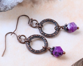 Boucles d'oreilles pendantes en cuivre, goutte de pierre violette, bijoux bohèmes