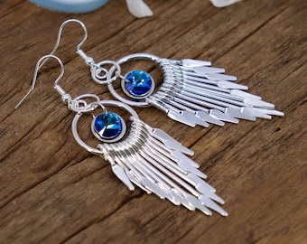 Pendientes llamativos con flecos de cristal, pendientes de aro colgantes boho plateados