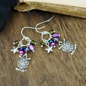 Dark Academia Whimsigoth Earrings, Cute Handmade Owl Earrings, Fun Celestial Earrings