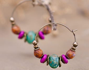 Czech Glass Hoop Earrings, Teal and Burnt Orange Beaded Hoops, Earthy Bohemian Jewelry