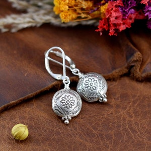 Dainty Sterling Silver Flower Earrings, Leverback Earrings, Ethnic Artisan Minimalist Earrings