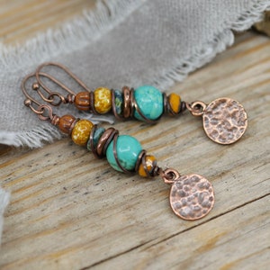 Boho Copper Turquoise Earrings, Colorful Stacked Bead Dangle Earrings, Bohemian Earrings