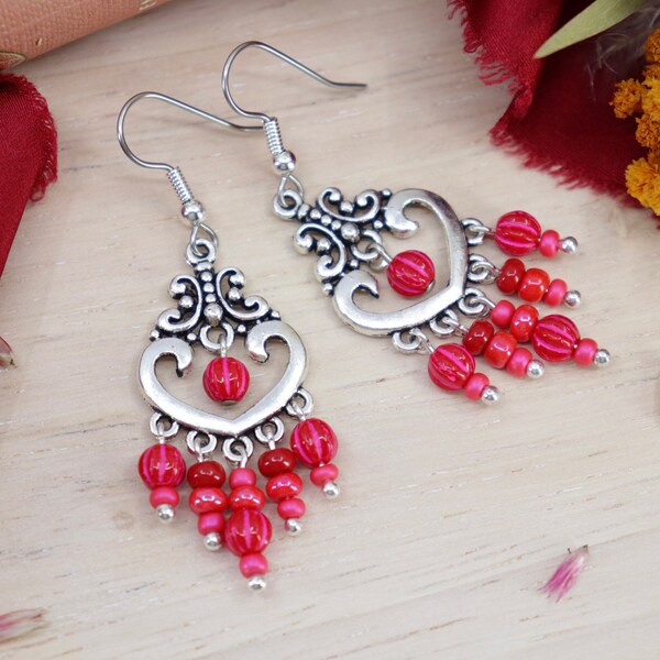 Bohemian Chandelier Statement Earrings, Red & Hot Pink Dangle Earrings