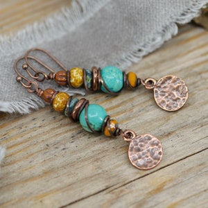 Boho Copper Turquoise Earrings, Colorful Stacked Bead Dangle Earrings, Bohemian Earrings