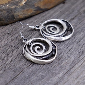 Silver Boho Statement Earrings, Rustic Spiral Dangle Hoop Earrings