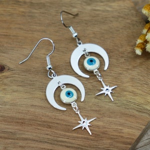Crescent Moon Evil Eye Statement Earrings, Silver Celestial Earrings