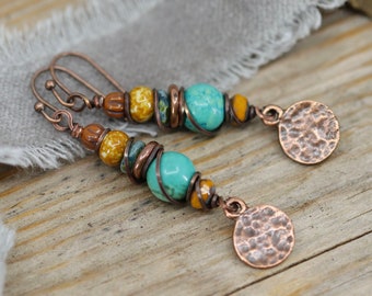 Boho Copper Turquoise Earrings, Colorful Stacked Bead Dangle Earrings, Bohemian Earrings