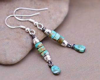 Genuine Turquoise Earrings, Sterling Silver Turquoise Dangle Earrings, Western Leverback Earrings