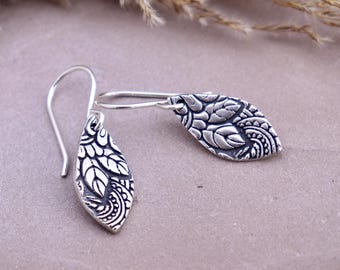 Pendientes colgantes de hoja de plata de ley - Paisley Botanical Nature Jewelry