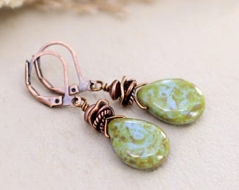 Copper Leverback Earrings, Czech Glass Teardrop Earrings, Earthy Green Earrings, Copper Anniversary Gift