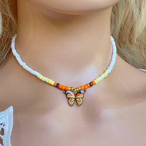 Monarch Butterfly Choker Necklace, Boho Beaded Necklace, Colorful Handmade Necklace