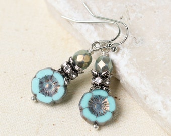 Blue Flower Dangle Earrings, Dainty Earrings, Gift for Her