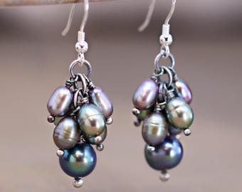 Pendientes de perlas en racimo, colgantes de perlas barrocas en plata de ley oxidada