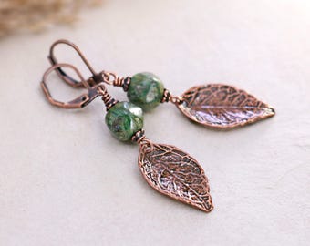 Copper Leaf Leverback Earrings, Green Botanical Earrings, Nature Inspired Jewelry