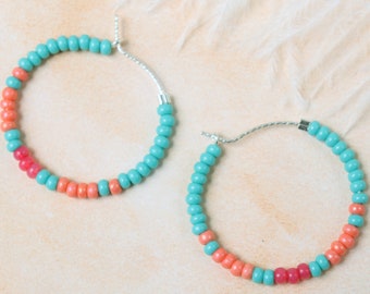 Colorful Beaded Hoop Earrings, Sterling Silver Earrings, Colorful Turquoise Peach Seed Bead Earrings