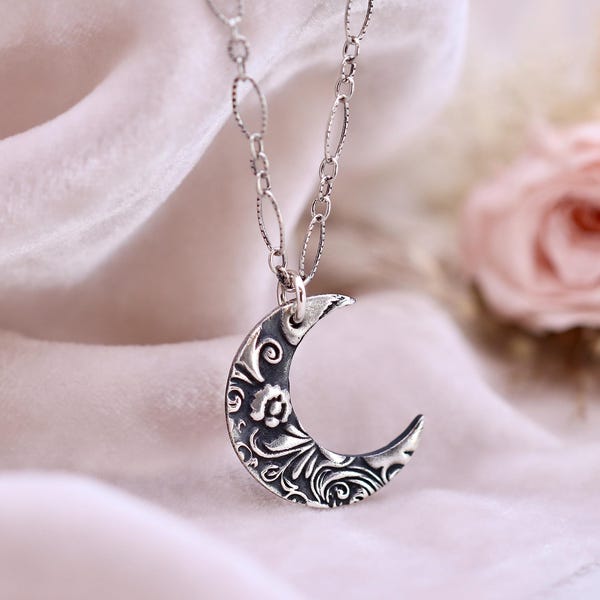 Crescent Moon Necklace, Oxidized Sterling Silver Floral Moon Pendant, Witchy Cottagecore Celestial Jewelry