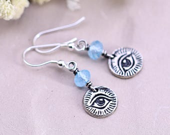Pendientes de ojo malvado hechos a mano, de plata de ley y topacio azul, joyería de talismán espiritual.