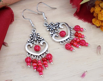 Pendientes de declaración de lámpara de araña boho, pendientes colgantes rojos y rosas fuertes