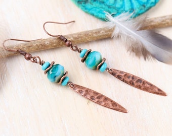 Copper Beaded Dangle Earrings, Dainty Handmade Earrings, Colorful Turquoise & Hammered Copper