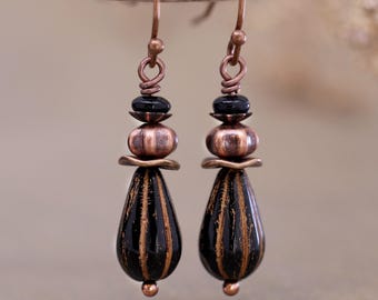 Pendientes negros para uso diario, colgantes con cuentas de cobre, pendientes colgantes de estilo vintage